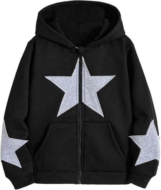 Girl's Y2k Zip Up Hoodies Star Graphic Hooded Sweatshirt Casual Jackets Streetwear