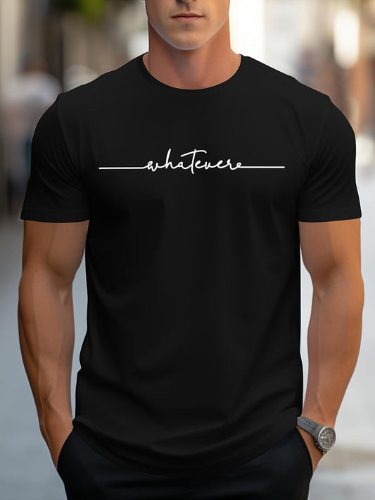 Men's English Art Print Crew Neck T-Shirt, Minimalist Handwritten Lettering Short Sleeve Casual Top Sophisticated Lazy Style