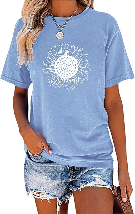 Womens Cute Sunflower Graphic Printed Tee Shirts Vintage Short Sleeve Cotton Shirts Tops