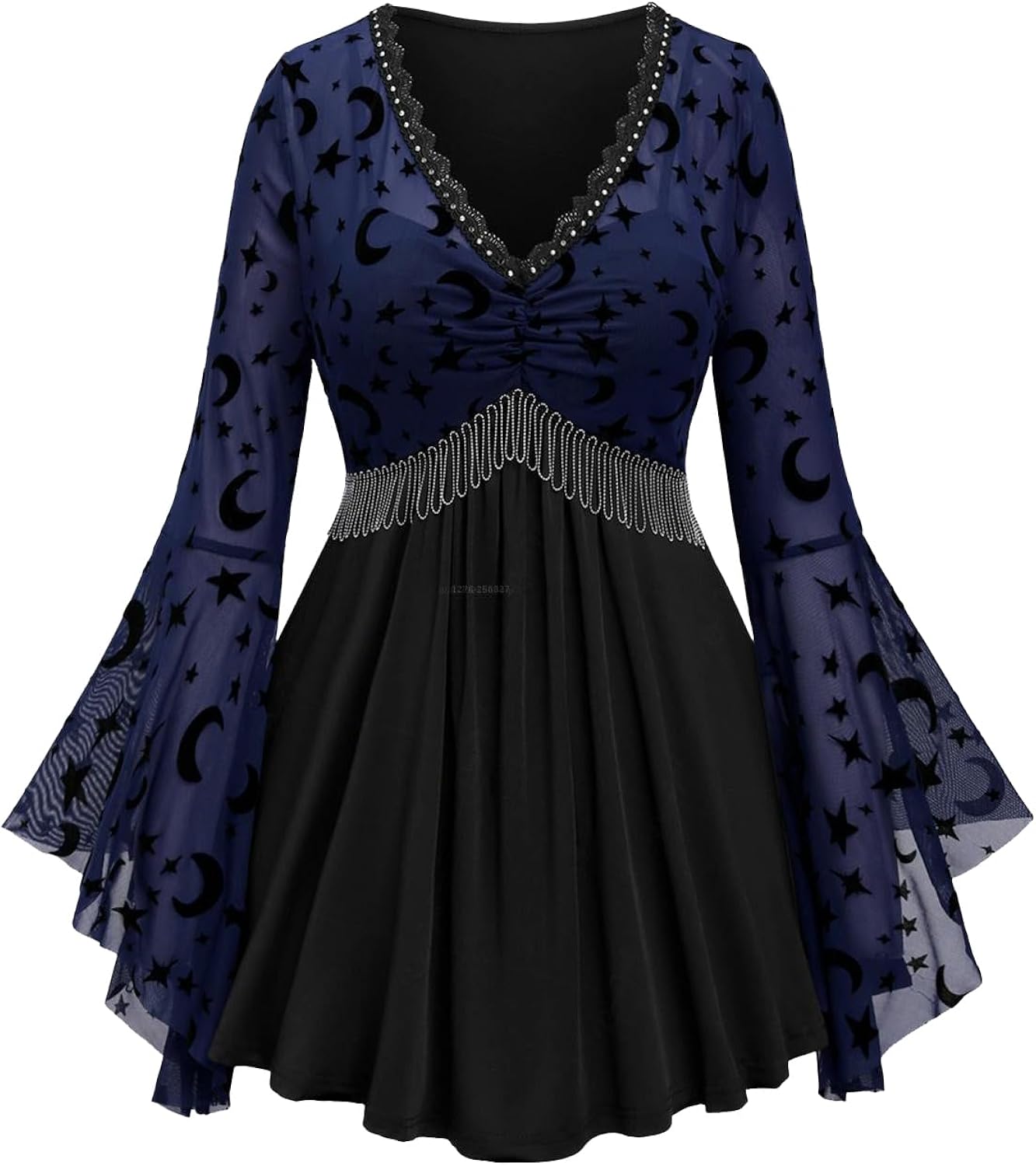 Rosegal Women Plus Size Gothic Moon Star Mesh Panel Bell Sleeves Chain Tassel T-Shirt