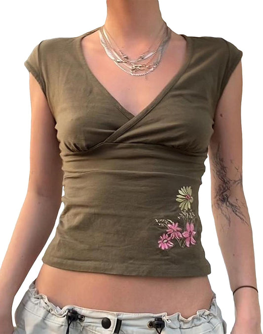 Women Y2K Grunge Floral Embroidery Cap Sleeve Wrap V Neck Crop Tshirt Tops Slim Fit Cottagecore Girls Summer Tee