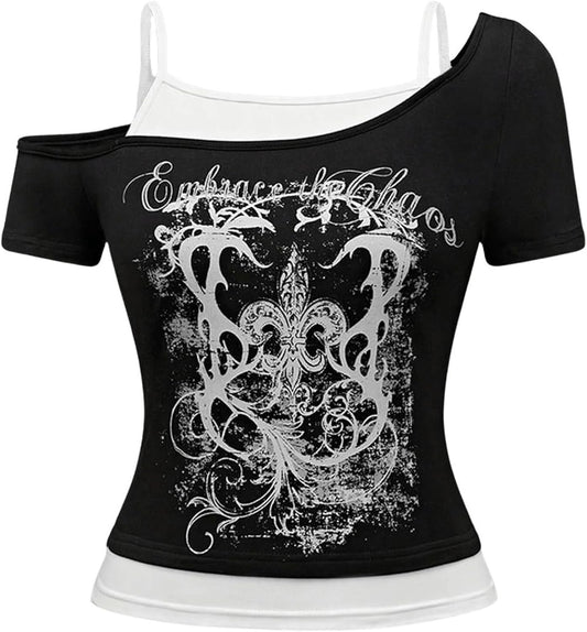 Women's Y2k Goth Graphic Tees Cold Shoulder Short Sleeve T Shirt Color Block Summer Tops