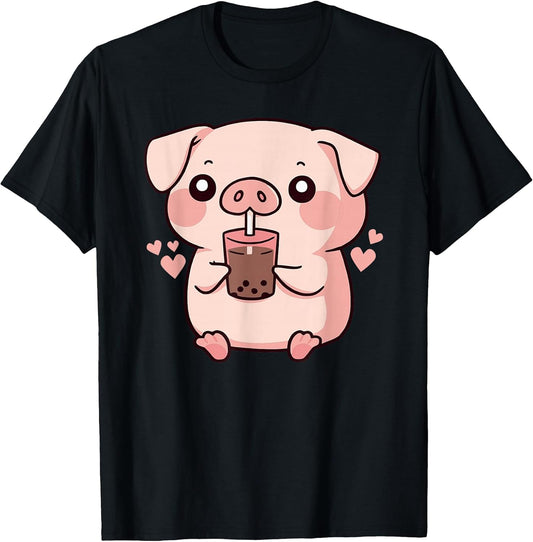 Cute Kawaii Cartoon Pig Drinking Bubble Tea T-Shirt