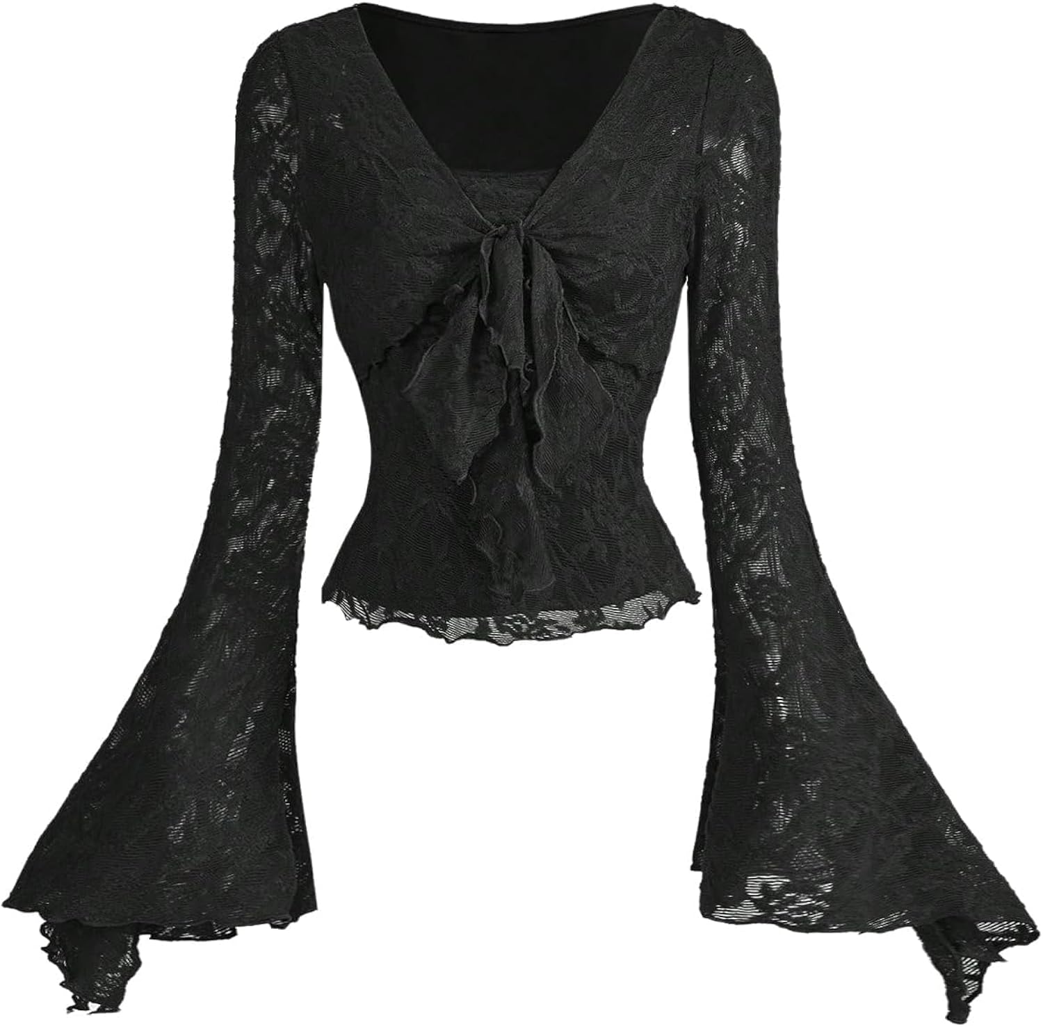 Women's Sheer Mesh Grunge Shirts Long Bell Sleeve Crewneck Going Out Lace Tops Goth Clothes