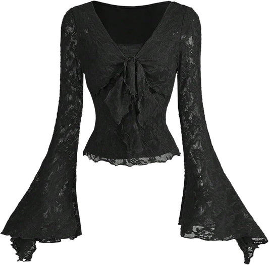 Women's Sheer Mesh Grunge Shirts Long Bell Sleeve Crewneck Going Out Lace Tops Goth Clothes
