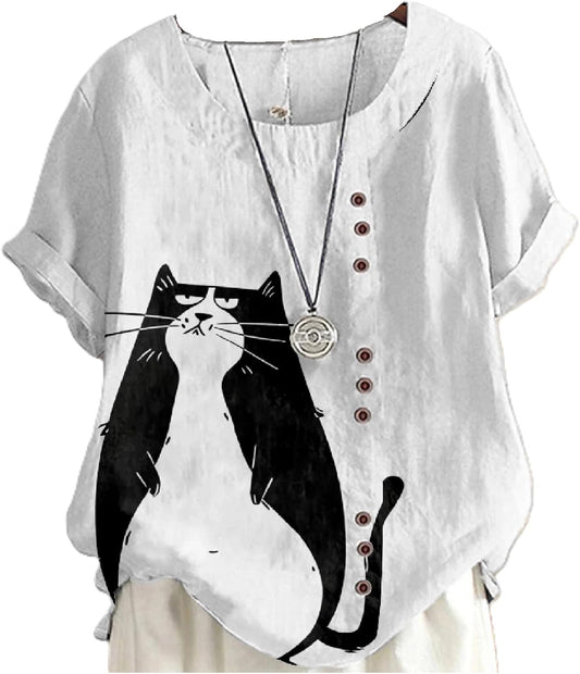 Cat Shirts for Women Loose Fit Short Sleeve Crewneck 2024 Summer Beach Boho Hide Belly Vintage Dressy Tops