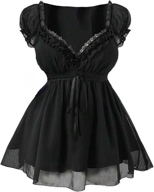 Women's Plus Size Y2K Gothic Sheer Lace Blouse Puff Short Sleeve Shirred Ruffle Peplum Tops