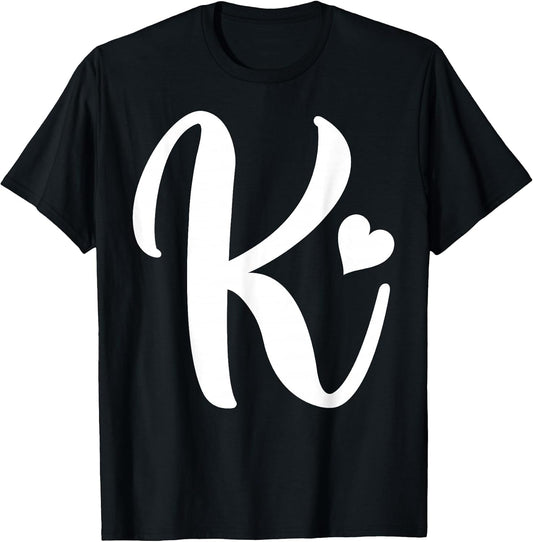 White Letter K Monogram Initials Minimalist Heart Graphic T-Shirt