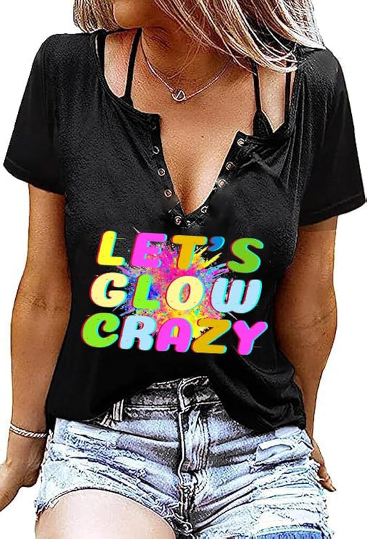 Let's Glow Crazy T-Shirt for Women Rock and Roll Style Short-Sleeve Vintage Colorful Letters 80's 90's Party Top