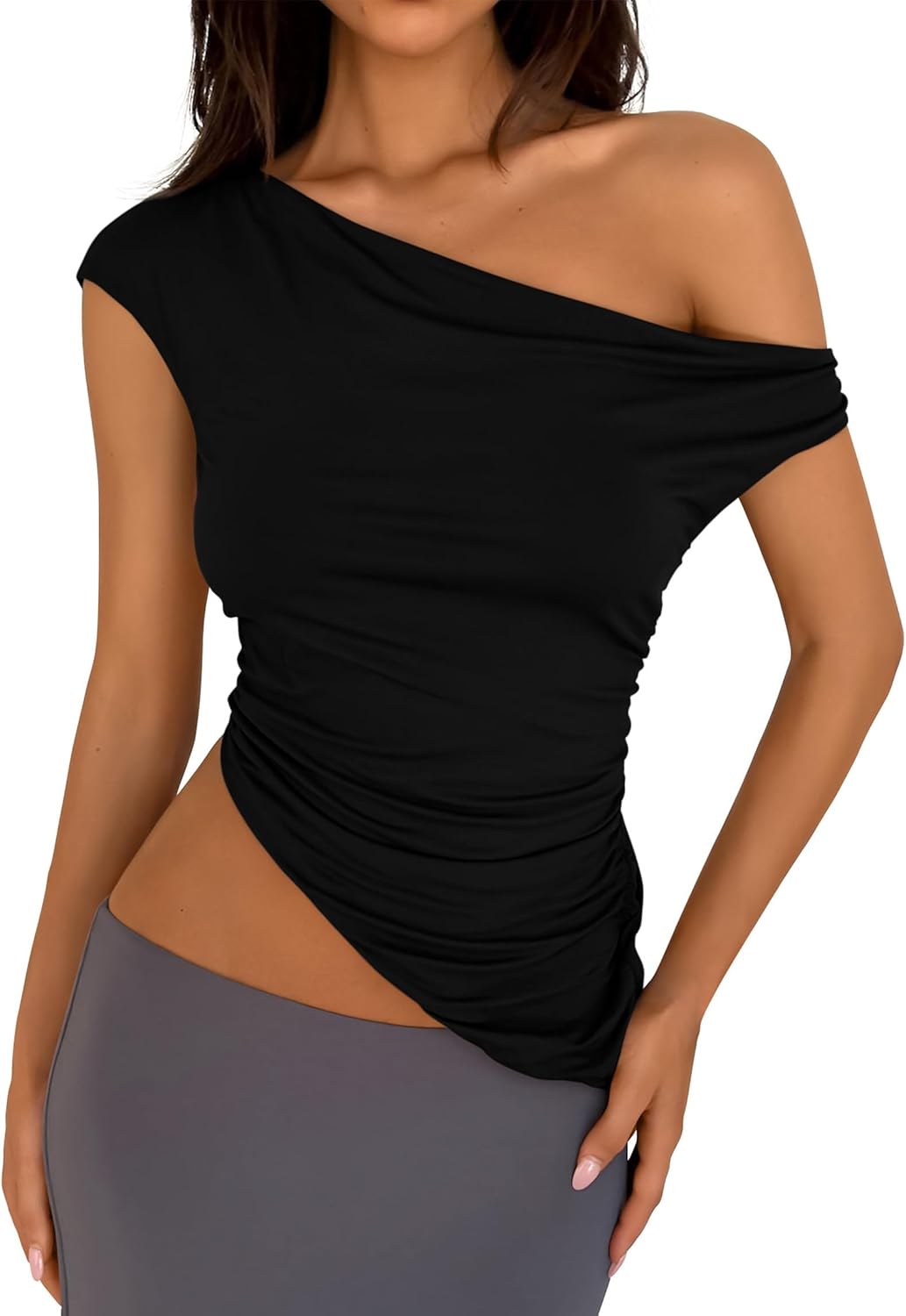 Womens Off The Shoulder Y2K Tops 2026 Summer Sleeveless Asymmetrical Ruched Going Out Tank Top Fashion Clothing