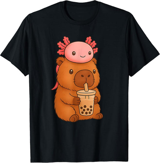 Cute Kawaii Bubble Tea Axolotl Capybara T-Shirt