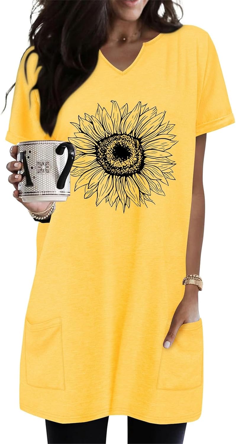 Women's Short Sleeve Tunic Tops Summer for Leggings Casual Long Tunics with Pockets T Shirts