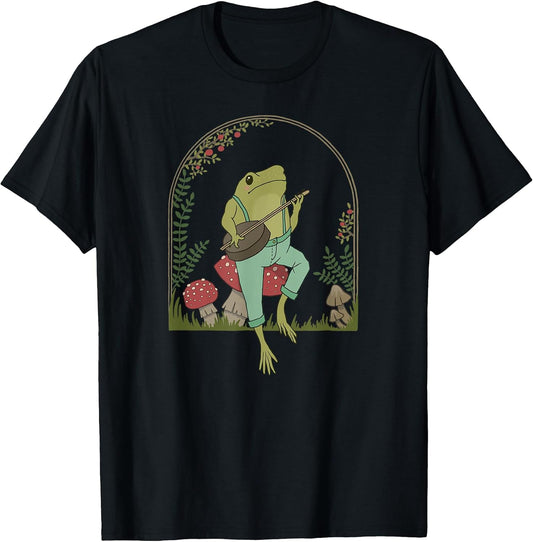 Cottagecore Aesthetic Frog Plays Banjo on Mushroom Cute T-Shirt