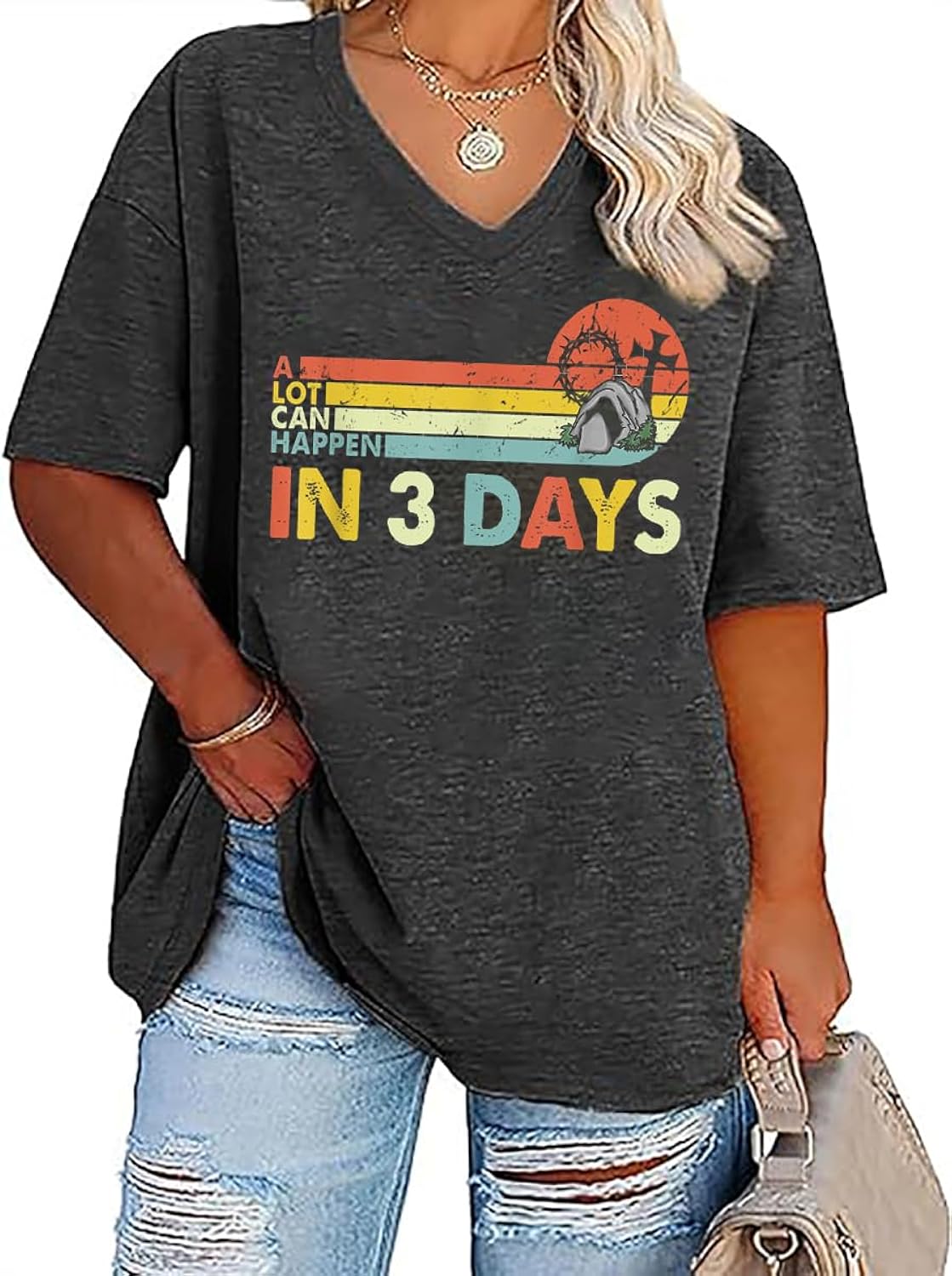 Plus Size Christian T-Shirt Women Retro Inspirational Graphic Tee Jesus Faith Shirt Casual Short Sleeve V-Neck Tops