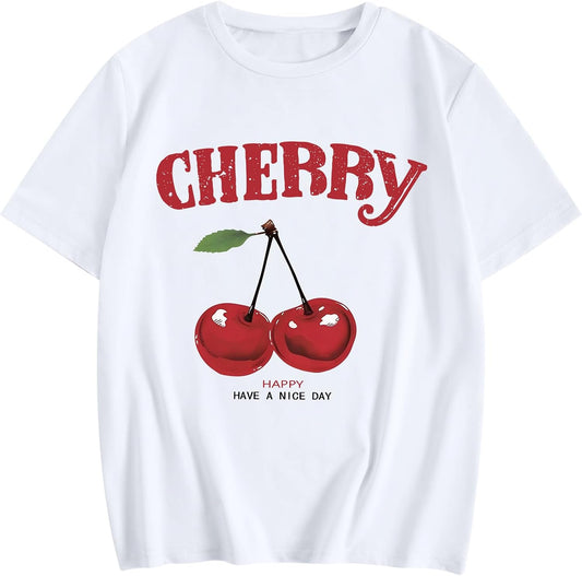 Cherry Shirt Women Fruit Graphic Printed Tshirt Vintage Tees Aesthetic Cute Preppy Cherries Shirts Casual Tops