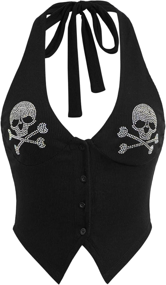 Women's Rhinestone Skull Halter Tops Goth Punk Tie Backless Button Up Tank Crop Tops