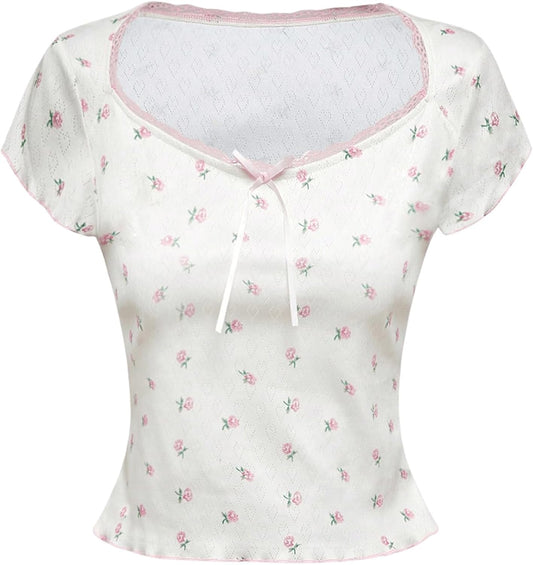 Women's Summer Short Sleeve Y2k Tees Ditsy Floral Lace Bowknot Tshirts Kawaii Crop Tops