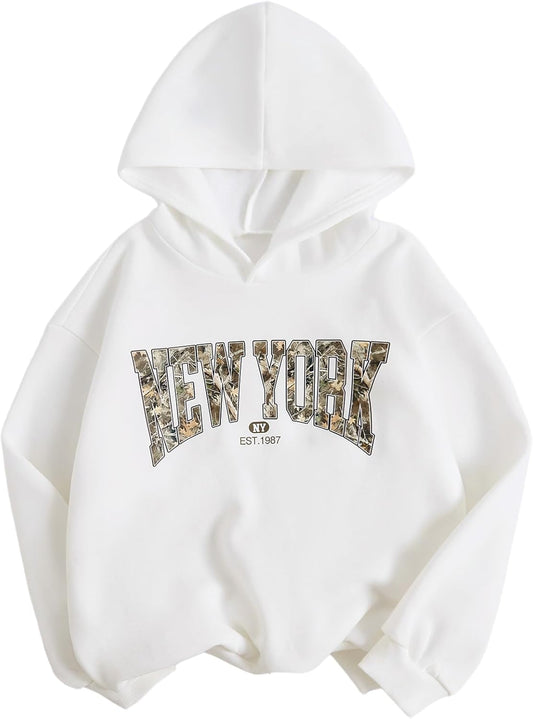 Girl's Letter Camo Graphic Hooded Sweatshirt Long Sleeve Drop Shoulder Hoodie 2025 Fall Outfits Pullover Tops