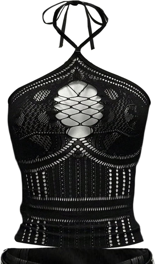 Women's Y2K Gothic Punk Ripped Halter Crop Top Backless Sexy Clubwear Rave Clothes