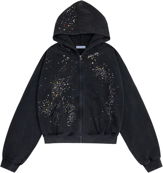 Star Rhinestone Zip Up Hoodies Womens Mens Casual Hooded Jackets Unisex Loose Crystal Y2K Pocket Sweatshirts