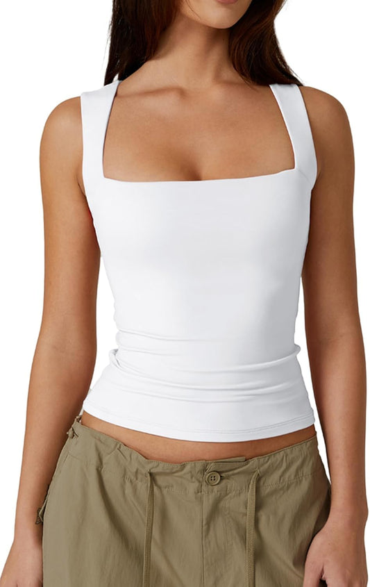 Women's Double Layer Tank Tops Square Neck Sleeveless Basic Tight T Shirts