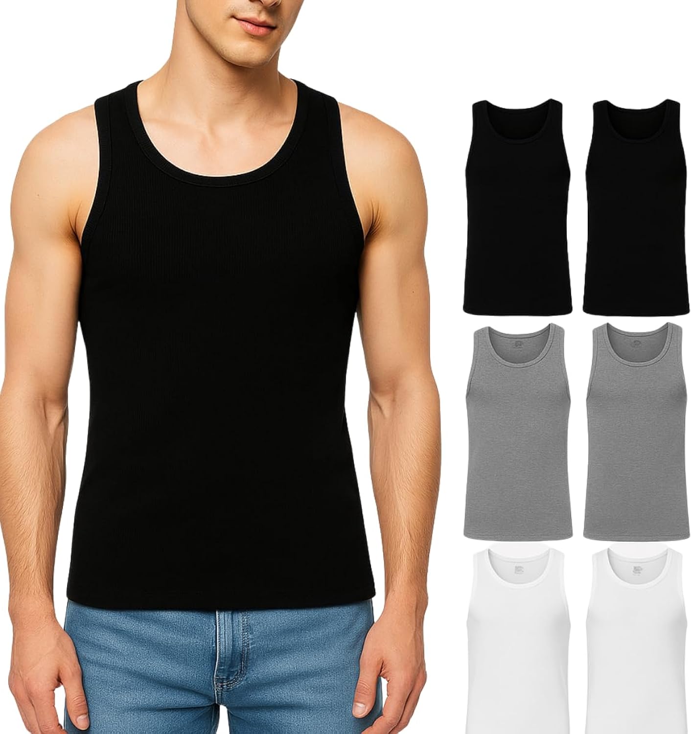 Athletic Men’s Cotton Tank Top Undershirts – Breathable Ribbed Cotton, Black White Gray Multipack (6 Pack)