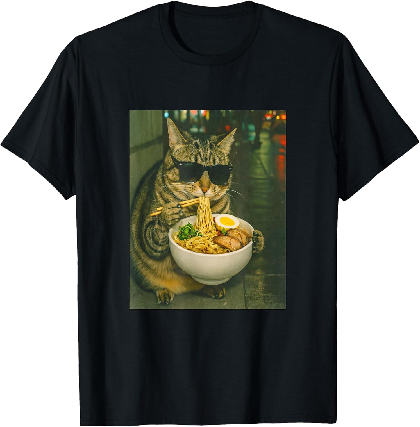 Cat Eating Ramen Noodles Meme Retro Urban T-Shirt