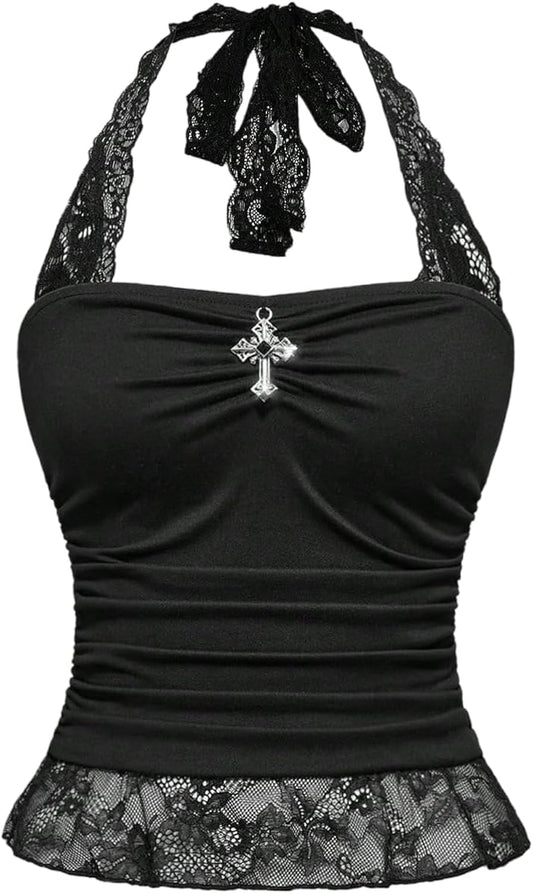 Women's Y2K Goth Halter Tops Lace Ruched Tie Backless Gothic Club Going Out Crop Tank Top