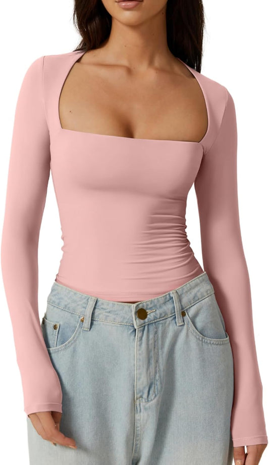 Women's Sexy Square Neck Shirt Long Sleeve Double Lined Tees Fitted Going Out Tops