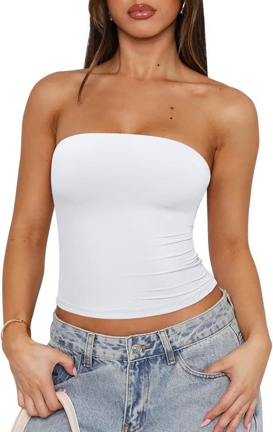 Women's Strapless Tube Top Double Lined & Non-Slip Y2K Backless Crop Tops for Summer Going Out