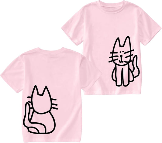 Cute Cat Shirts for Girls Graphic Tees Kids Kawaii Cartoon Animal Print T Shirt Casual Cotton Crewneck Summer Tops