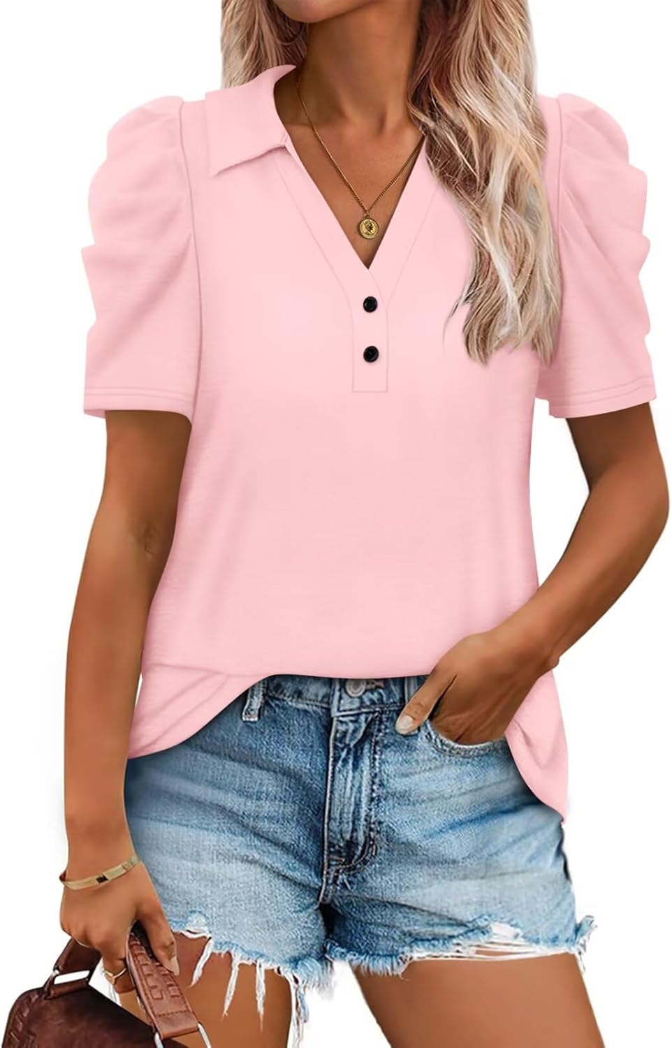 Women's Puff Short Sleeve Tops V Neck Polo Shirts Casual Summer Blouses Fashion Trendy 2026 Clothing