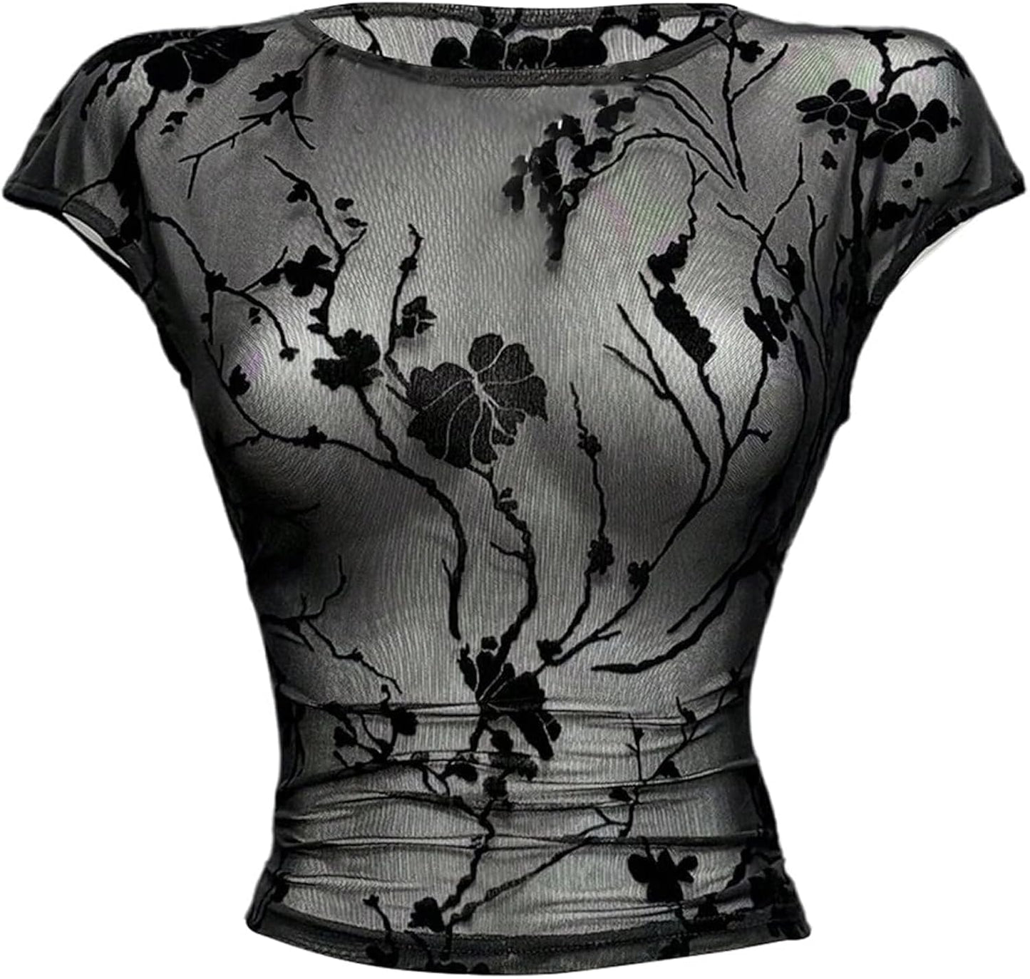 Women's Y2K Goth Floral Mesh Sheer T Shirts Cap Sleeve Crew Neck Fitted Crop Tops