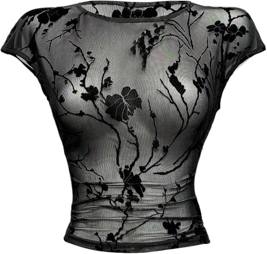 Women's Y2K Goth Floral Mesh Sheer T Shirts Cap Sleeve Crew Neck Fitted Crop Tops