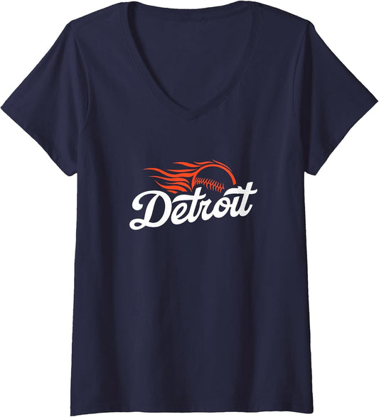 Womens Detroit Baseball Vintage Minimalist Retro Baseball Lover V-Neck T-Shirt
