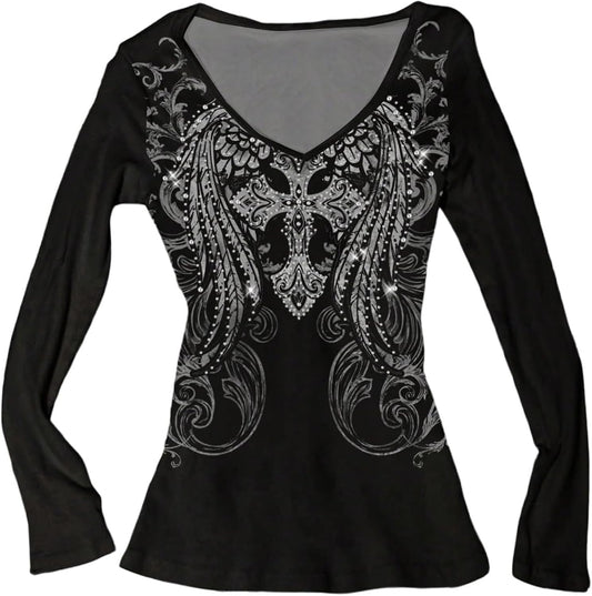 Women's Rhinestone Graphic Tees Long Sleeve Y2K Gothic T Shirts V Neck 2000s Fall Outfits Streetwear