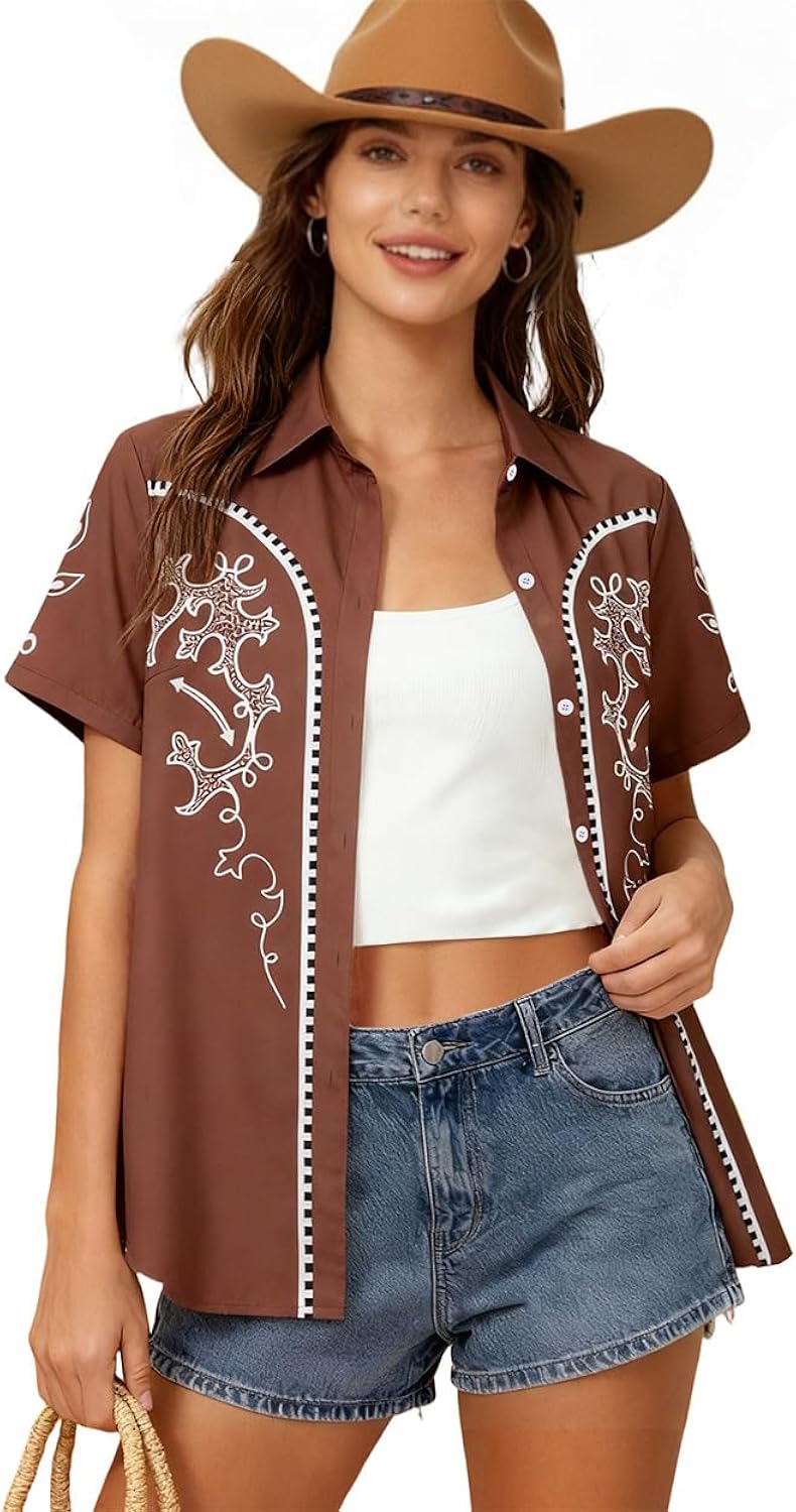 Western Shirt for Women - Vintage Cowboy Cowgirl Button Down Country Concert Outfits Print Short Sleeve Tops