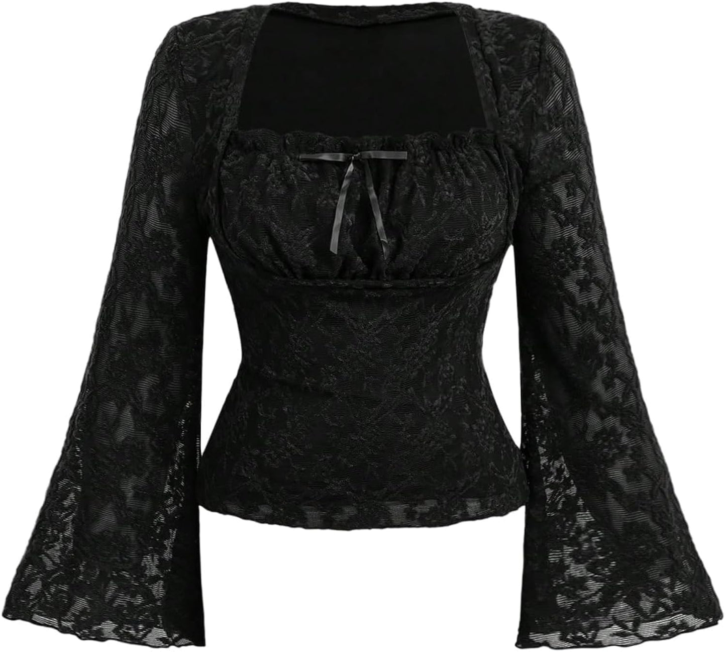Women's Plus Size Grunge Floral Mesh Flare Sleeve T Shirt Bow Tie Square Neck Concert Tee Tops