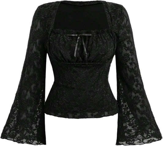 Women's Plus Size Grunge Floral Mesh Flare Sleeve T Shirt Bow Tie Square Neck Concert Tee Tops
