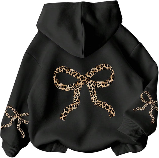 Girl's Bow Cheetah Leopard Hoodies Long Sleeve Pullover Tops Preppy Cute Sweatshirts Hoodies