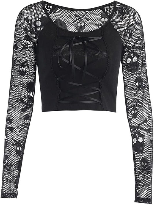 Womens Gothic Crop Tops Skull Mesh Long Sleeve T-Shirt Punk Crewneck Grunge Alt Shirt for Emo Girl
