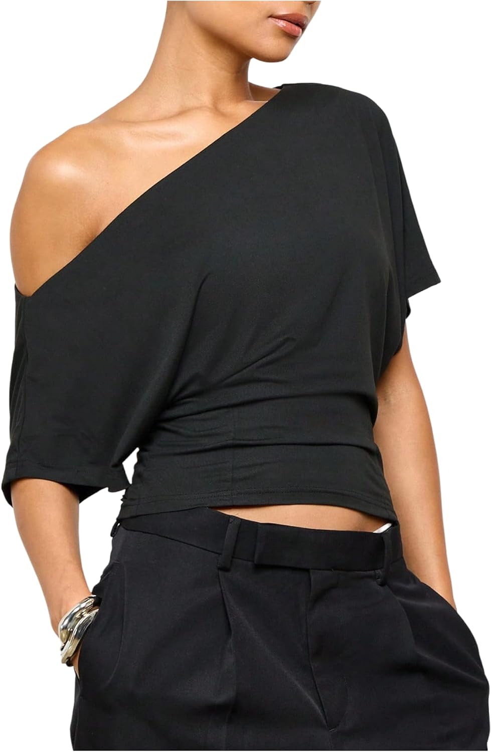 Women's Off The Shoulder Crop Top Ruched Dolman Short Sleeve Asymmetrical Y2K Going Out T Shirt