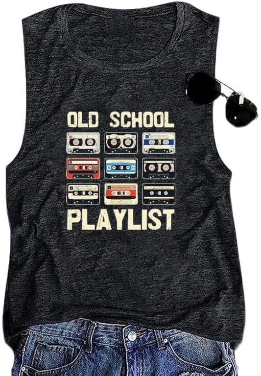 Retro 80s Tank Tops for Women Cassette Old School Playlist Shirt Vintage Cassette Tape Graphic Casual Sleeveless Tees