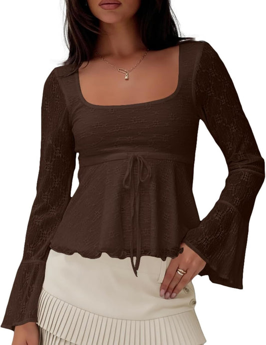 Women Y2K Flowy Peplum Babydoll Tops Fall Outfits Long Sleeve Square Neck Sheer Floral Lace Ruffle Crop Tshirt Blouse