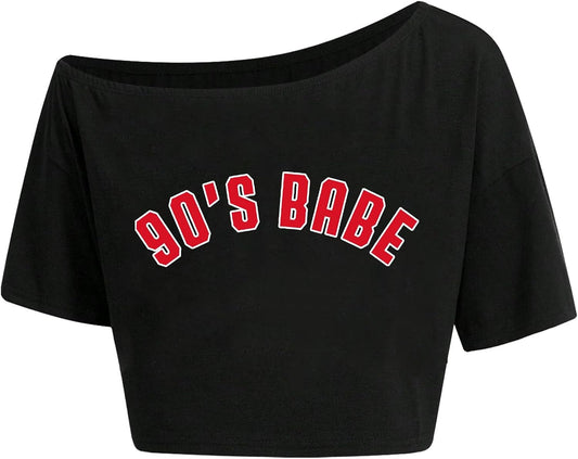 Womens Graphic Off Shoulder Crop Tops Asymmetrical Short Sleeve T Shirt Loose Casual Tee