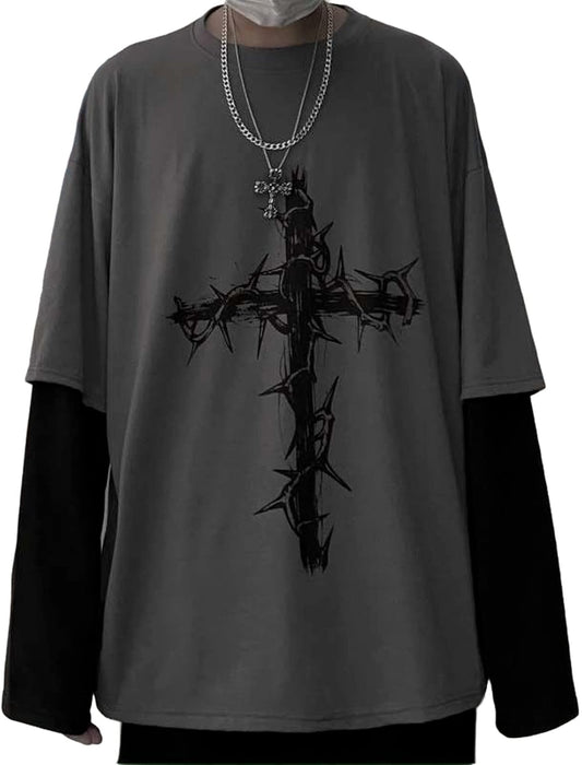 Men Women Gothic Long Sleeve Top Graphic Tee – Emo Y2K Grunge Streetwear Shirt Thorn Cross Print Punk Sweatshirt