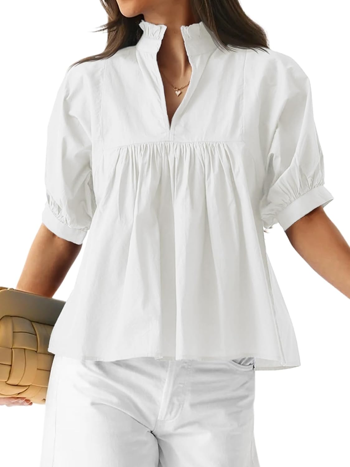 Womens Puff Sleeve V Neck Blouse Babydoll Peplum Tops Dressy Casual Pleated Loose Fit Shirts