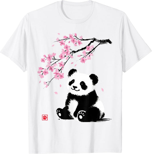 Japanese Panda Sakura Cherry Blossoms Sumi-e Aesthetic T-Shirt