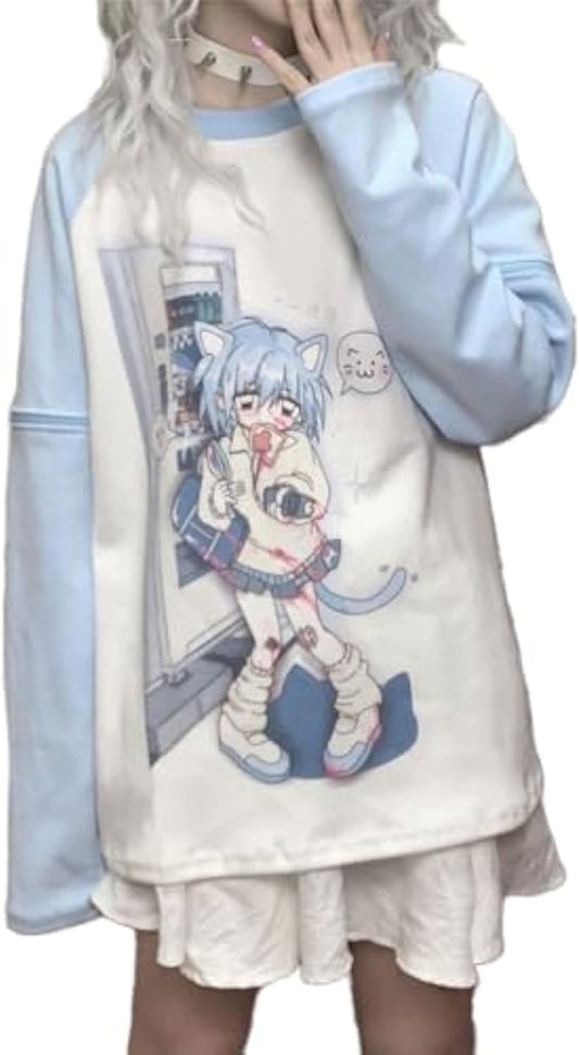 Y2k Aesthetic Detachable Sleeve T-Shirt Women Kawaii Cat Girl Anime Print Cute Sweatshirts Fairycore Streetwear