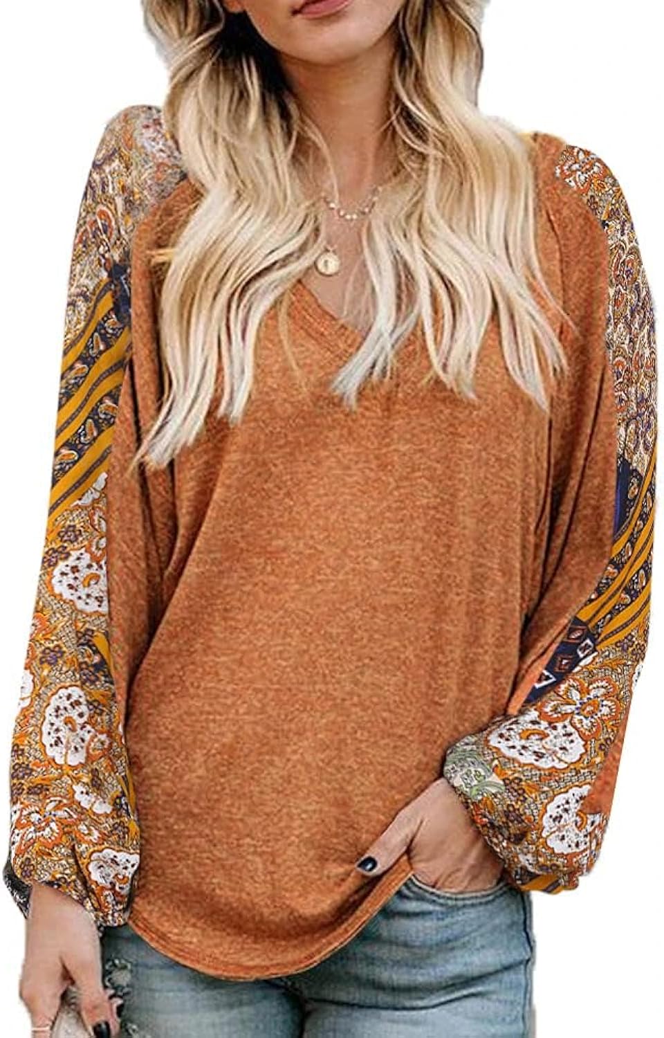Boho Tops for Women Long Sleeve V Neck Fall Shirts Bohemian Fashion Hippie Western Dressy Casual Blouses